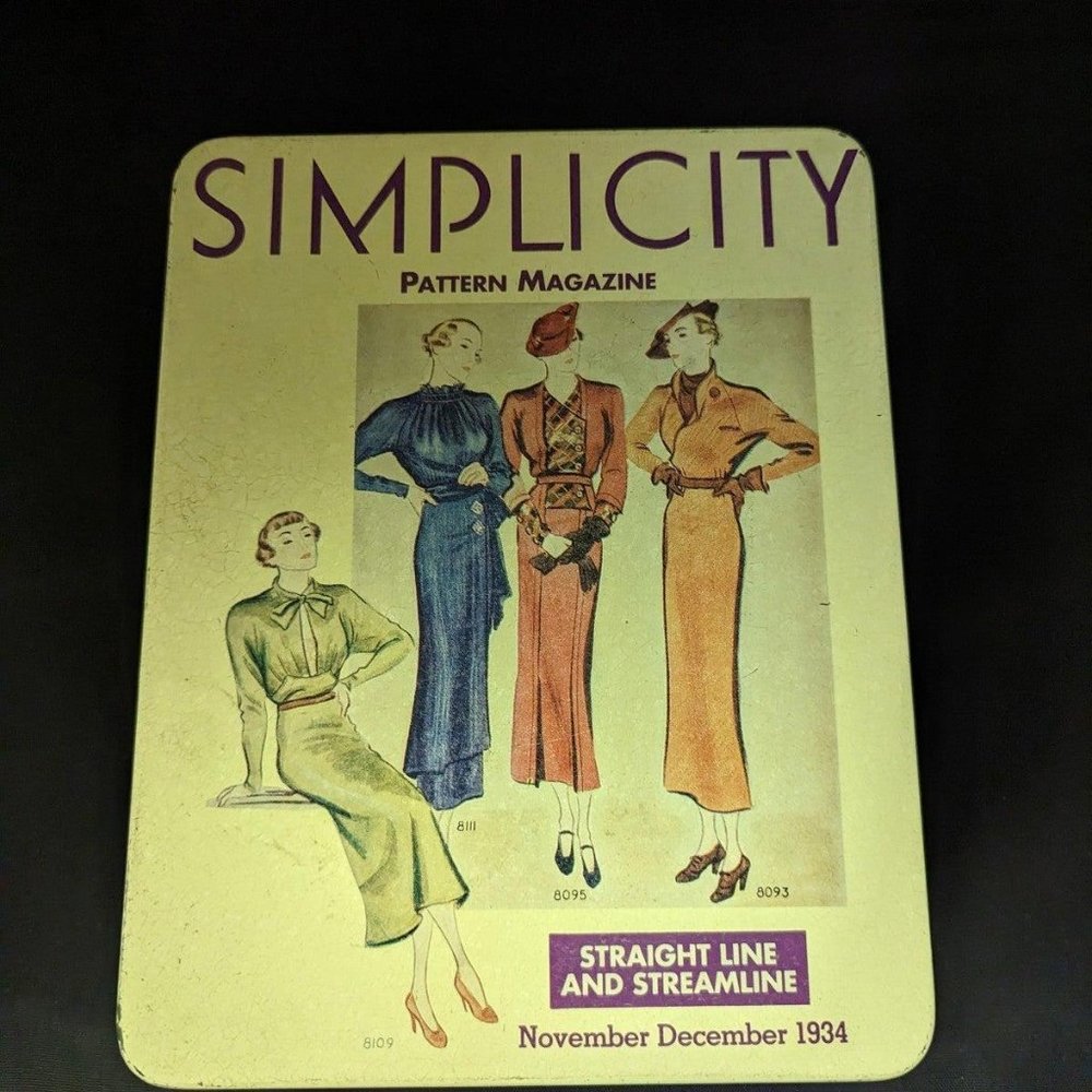 7.5"x6" Vintage Reproduction Simplicity 1934 Straight Line And Streamline Tin